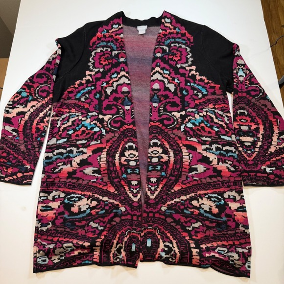 Chico's Sweaters - Chicos Open Front Cardigan Sweater Pink Black Geometric Intarsia Knit Size 3‎ XL